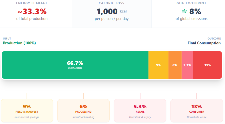 Of all food produced, about a third is wasted at various points
