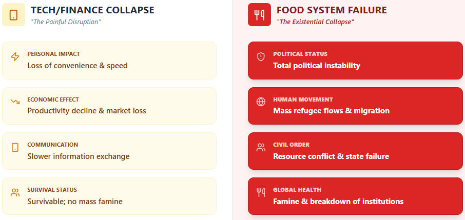 A collapse of technology would alter society. A failure of the food system would endanger the stability of entire countries - or more.